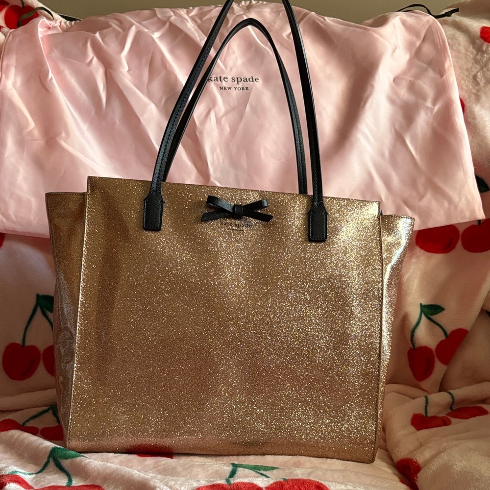 Kate Spade Sparkling Rose Gold Glitter Tote with Black Accents
